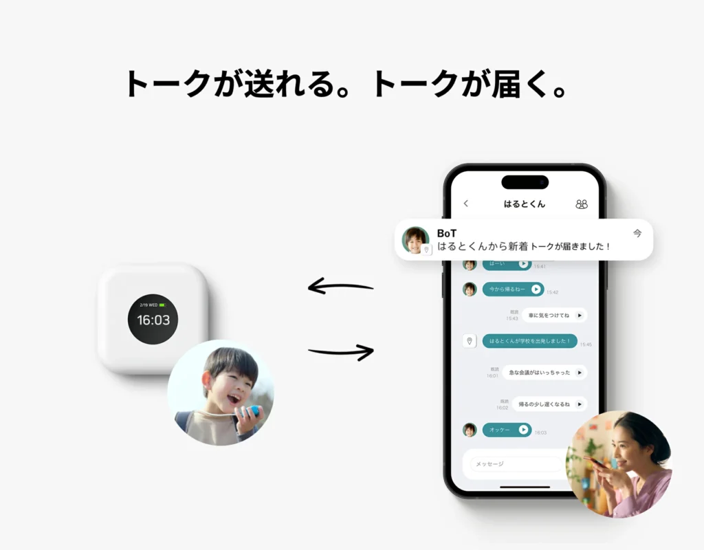 BoTトークの見守りGPS本体とスマートフォンアプリの画面。親子で音声メッセージを送り合えるトーク機能を搭載し、子どもの登下校をAIが見守る。