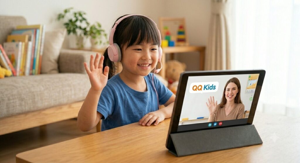 QQキッズのオンライン英会話レッスンを笑顔で受ける女の子