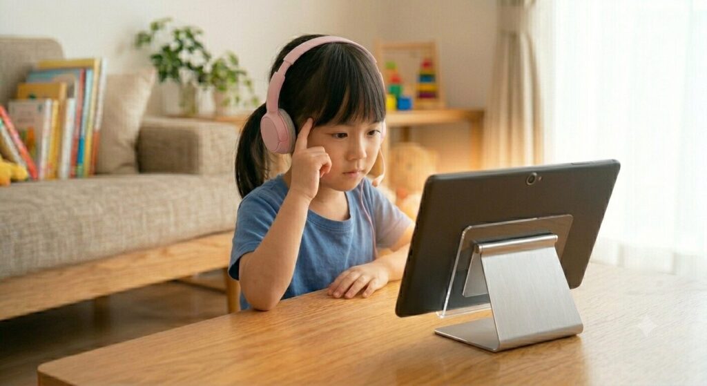 QQキッズのレッスン中に少し首をかしげて真剣に考える女の子