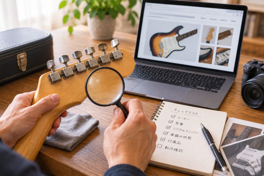 古いギターの状態や型番などを確認している様子