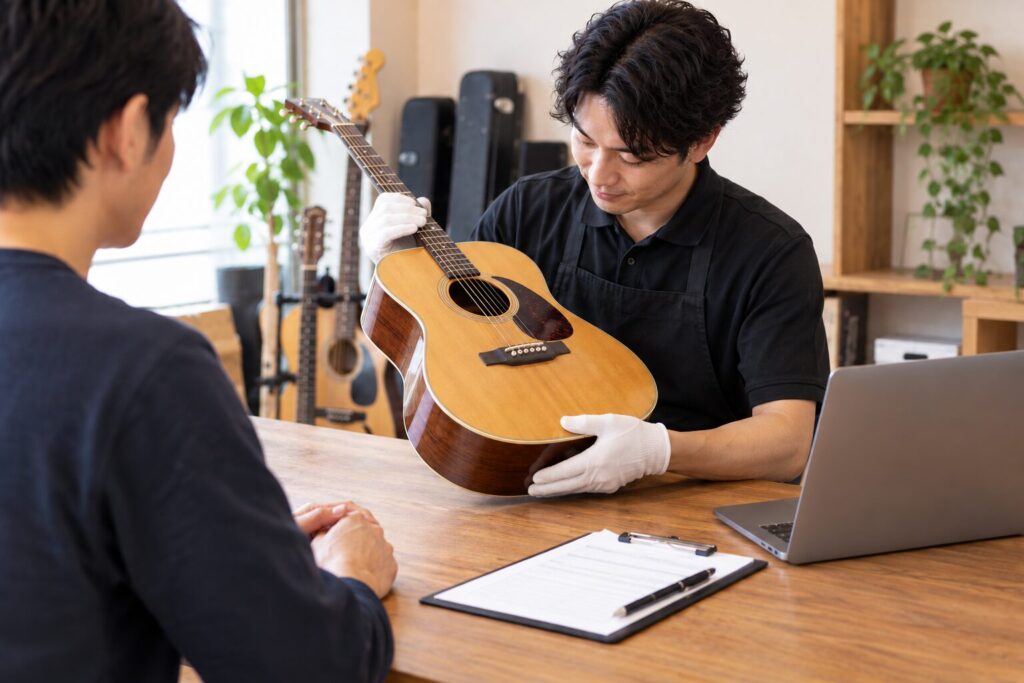 楽器買取店で古いギターを査定してもらっている様子